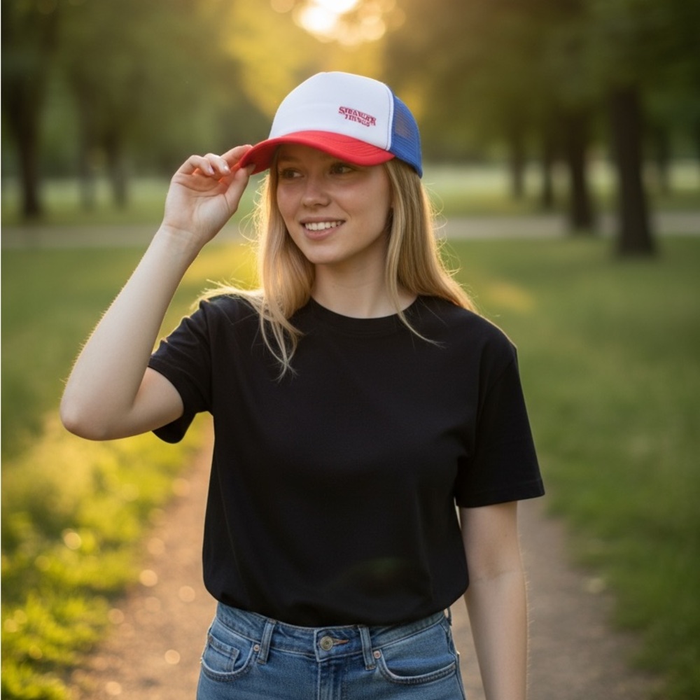 Stranger Things Mesh Snap Back Cap Trucker Hat Red White Blue Netflix Cult Show